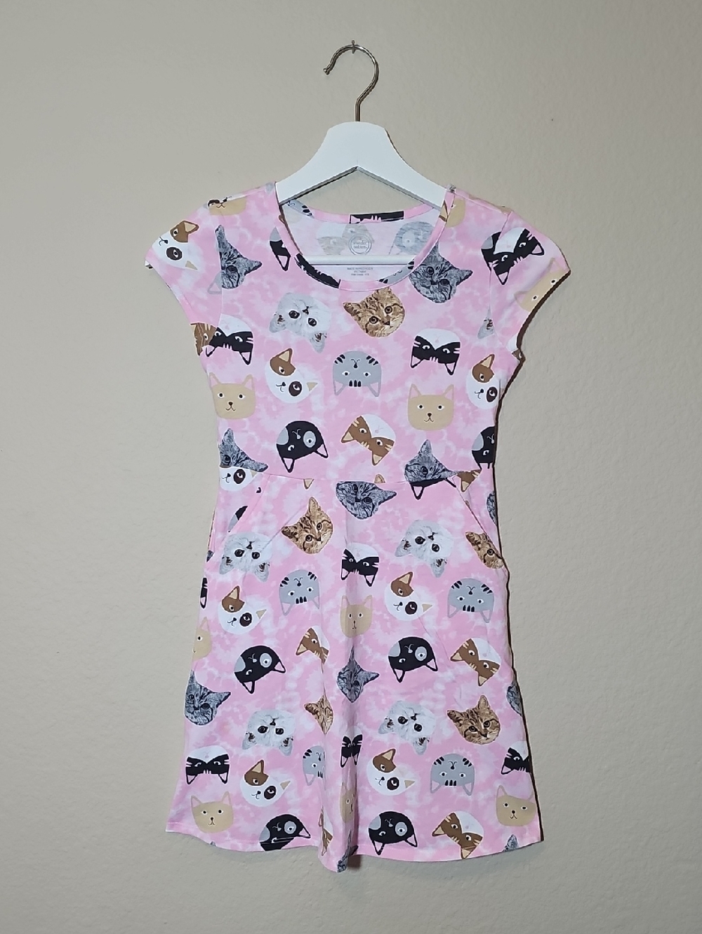 Kids Pink Cat Print Short-Sleeve Dress